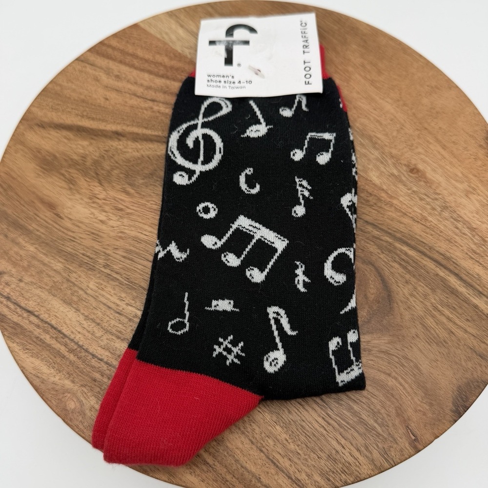 Foot Traffic Music Note Socks Black Red Womens 4-10 Novelty Crew